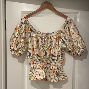 Kensie Floral Off-Shoulder Blouse in Cream and Green linen blend medium